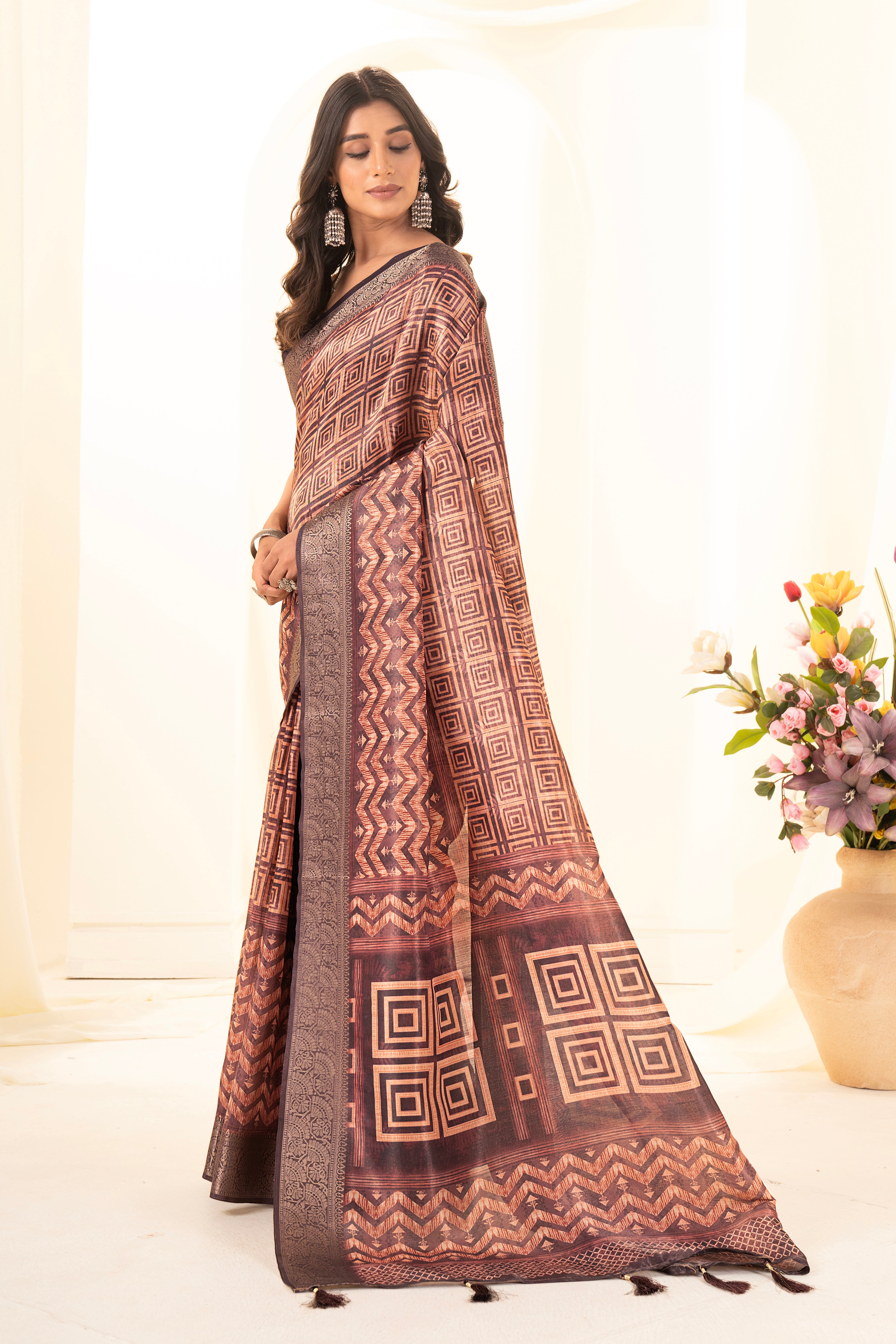 Maroon Tussar Silk Ajrak Saree
